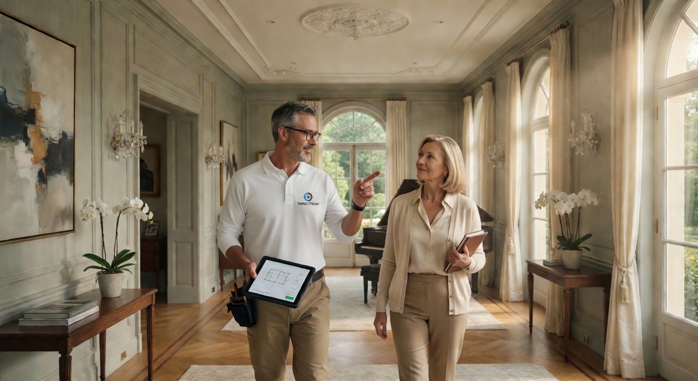 Field Engineer meeting a client on-site in a high-end residence