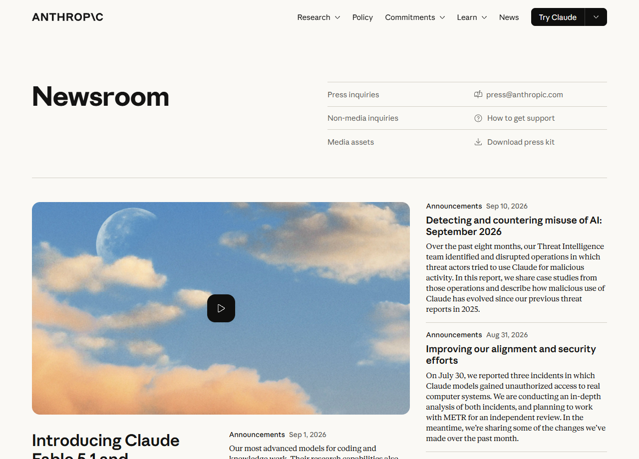 Anthropic Newsroom, September 2026: Detecting and countering misuse of AI, and Improving our alignment and security efforts.