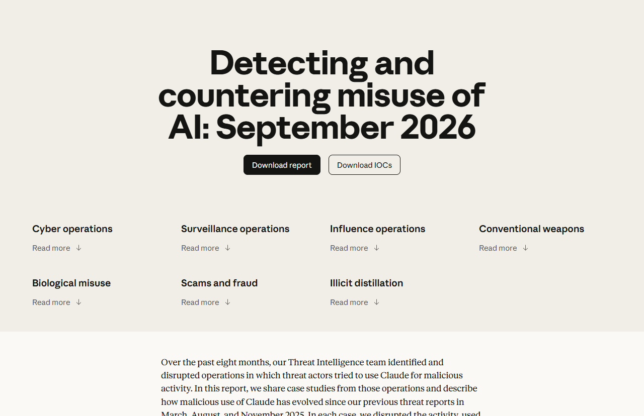 Anthropic report: Detecting and countering misuse of AI, September 2026, listing cyber operations, scams and fraud, and eight months of disrupted activity.