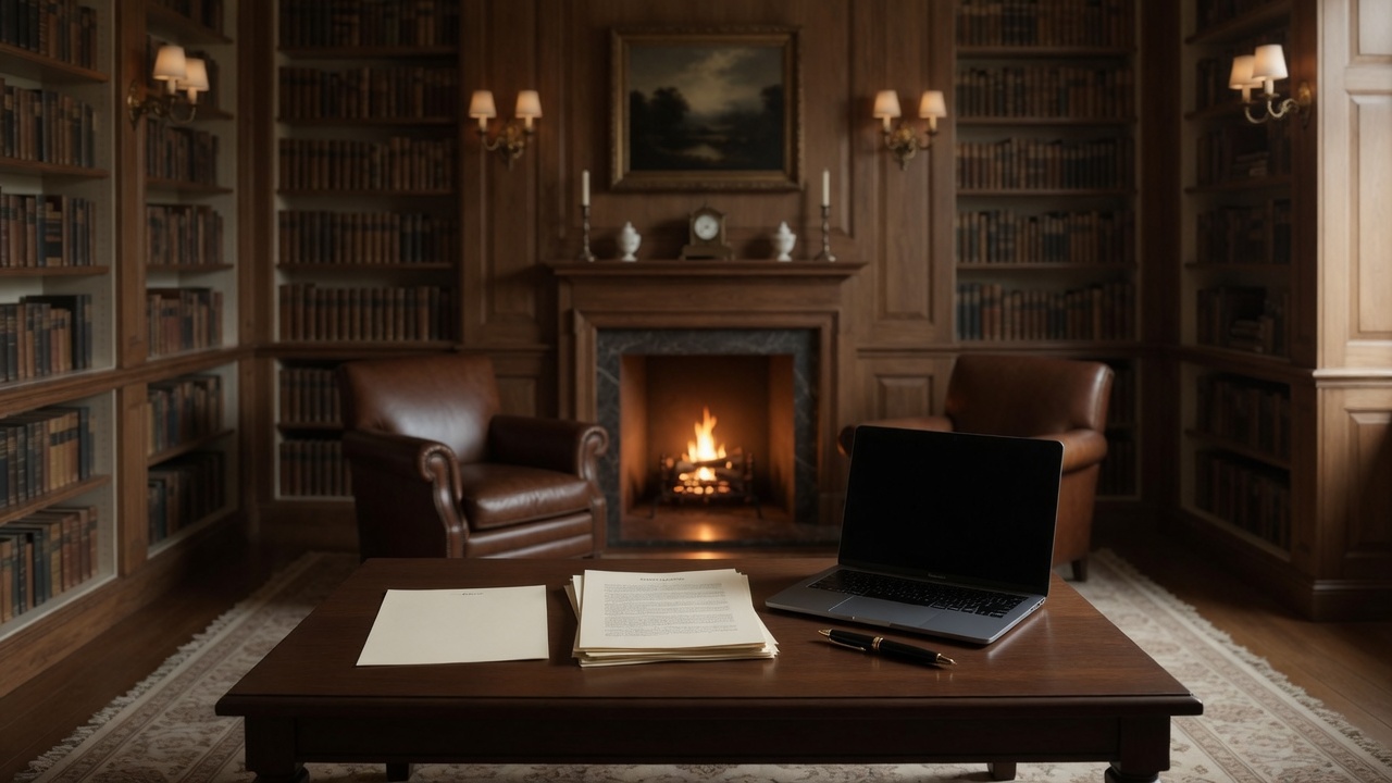A short Family Brief and a thicker set of working papers on a library table, laptop closed