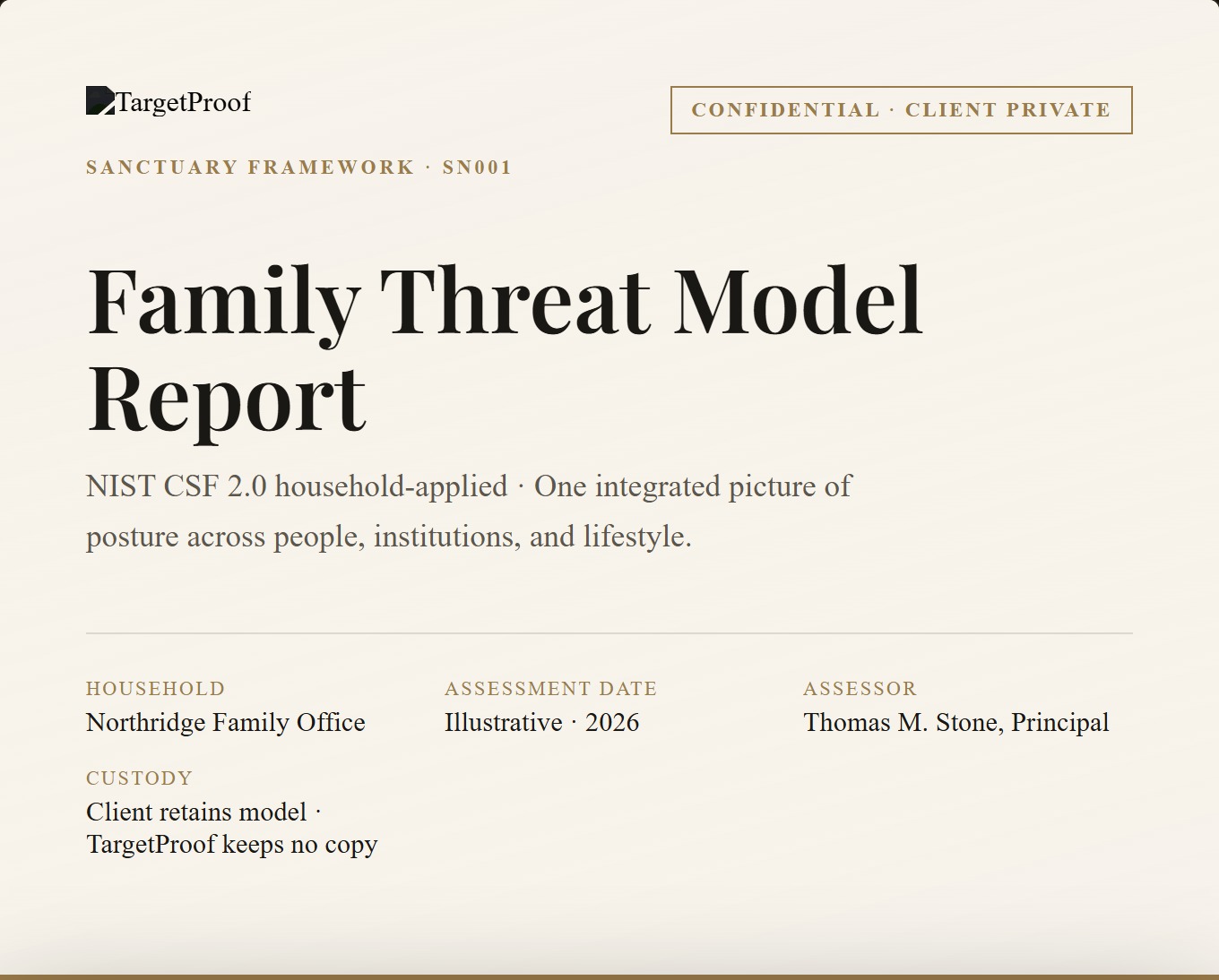 Family Threat Model Report cover — Northridge Family Office illustrative sample