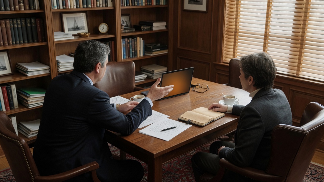 A private sitting in a wood-paneled study, two people at a walnut table