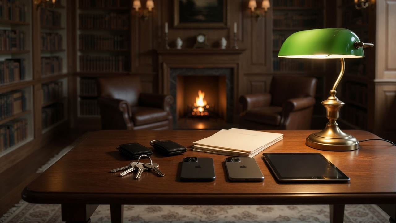 Keys, phones, a tablet, and unlabeled folders on a walnut library table