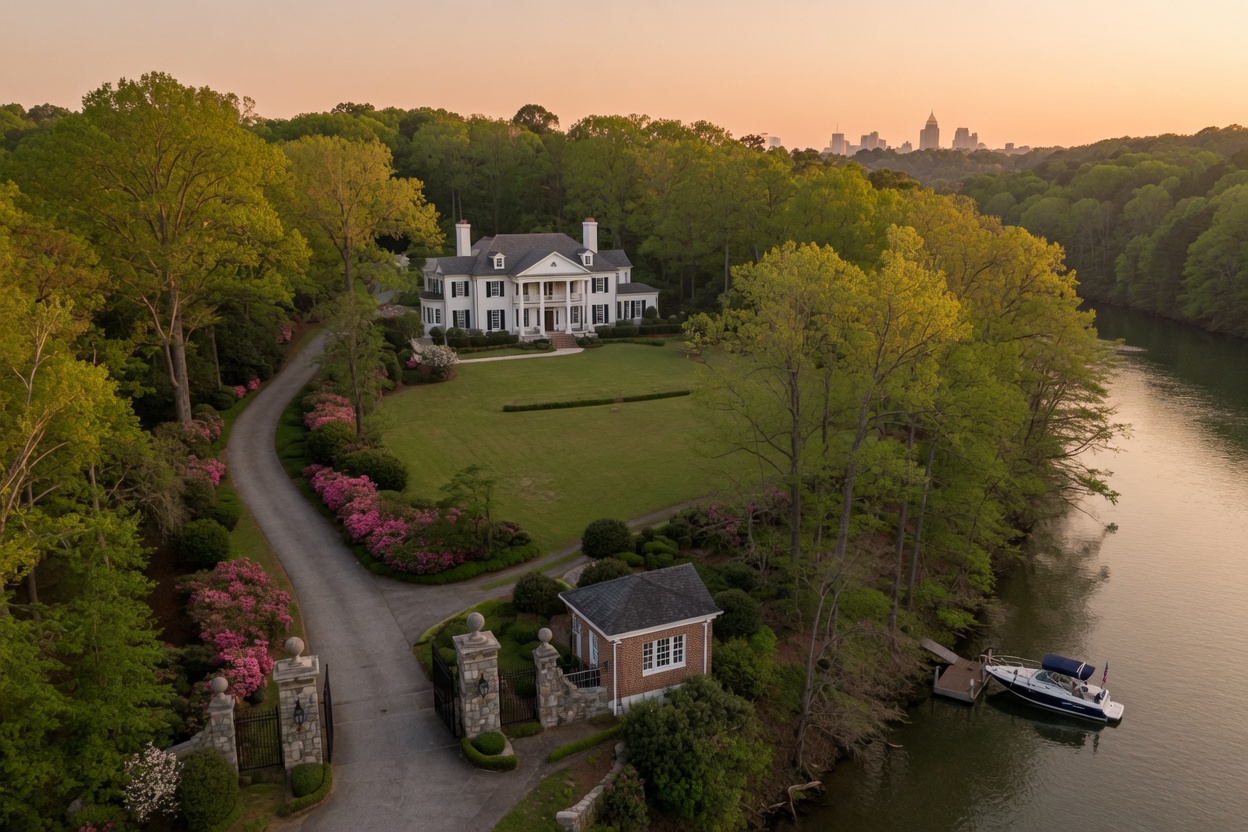 Wooded Buckhead estate on the Chattahoochee at sunset, Atlanta skyline beyond